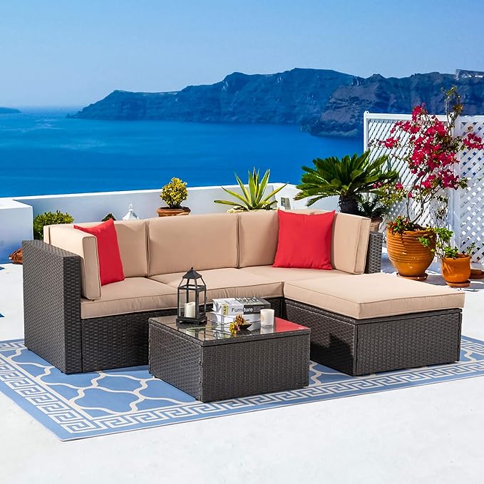 Vongrasig 5 Piece Patio Furniture Sets, Outdoor Patio Set Sectional Sofa, All-Weather PE Rattan Outdoor Couch with Ottoman, Glass Table for Garden, Backyard, Porch, Beige