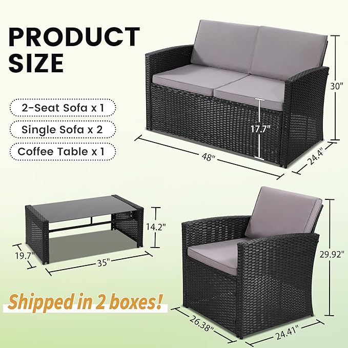 4-Piece Patio Furniture Set, Wicker Outdoor Rattan Sectional Sofa with Cushions and Glass Table, All-Weather Outdoor Conversation Set, Ideal for Garden, Porch, Backyard, Grey