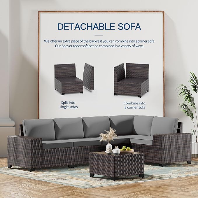 Kullavik 13 Pieces Outdoor Patio Furniture Set with 43" 55000BTU Gas Propane Fire Pit Table PE Wicker Rattan Sectional Sofa Patio Conversation Sets,Grey