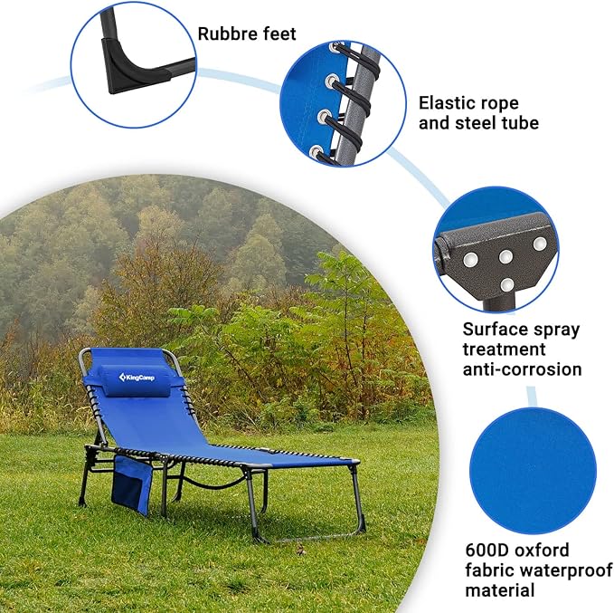 KingCamp Lounge Chair Outdoor, Folding Tanning Chairs Comfy Adjustable 5-Position Lay Flat Foldable Chaise Chaser Lounger with Pillow for Outside Beach Patio Sun Bathing Pool Backyard, Blue
