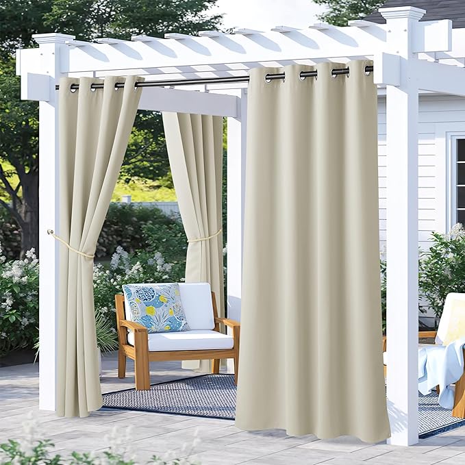NICETOWN 2 Panels Beige Outdoor Curtains for Patio Waterproof, Rustproof Grommet Thermal Insulated Room Darkening Indoor Outdoor Curtains Window Treatments for Pergola/Gazebo, W52 x L72