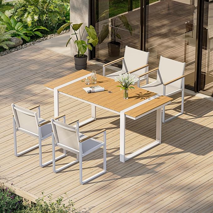Outdoor Table and Chairs of 4, Patio Dining Sets, HDPS + Aluminum Outdoor Furniture Set with Umbrella Hole, Patio Dining Table Set (White-Teak)