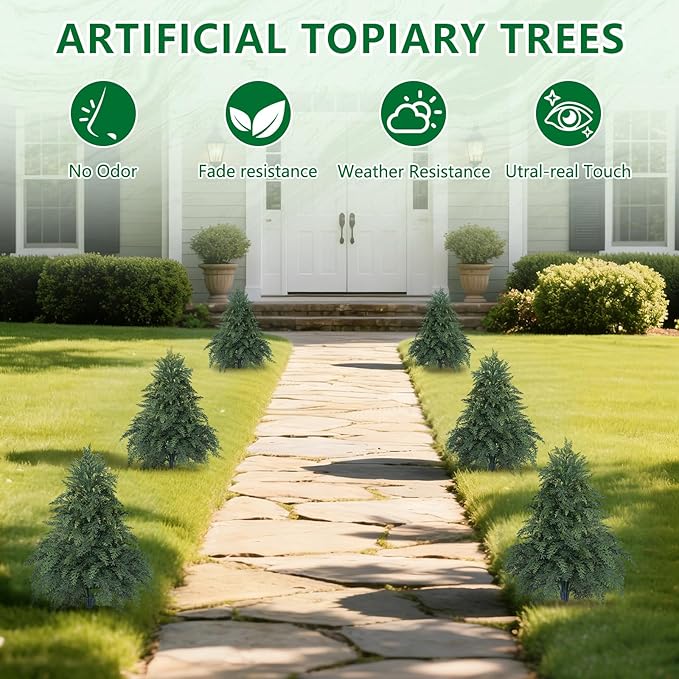 Artificial Cypress Topiary Cedar Trees with Ground Spike, 2 Pieces Fake Pine Shrubs Bushes, UV Resistant Faux Evergreen Tree Plants for Indoor Outdoor Planters Front Porch