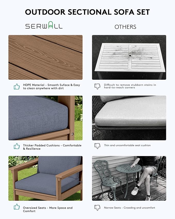 SERWALL HDPE Patio Sofa Set, 3-piece Sectional Outdoor Furniture Set, All Weather Outdoor Couch Set Patio Furniture Set for Deck, Lawn, Brown Frame with Grey Cushion