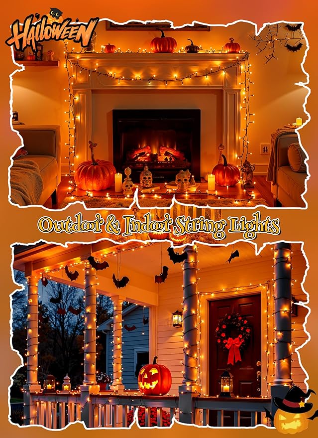 Brightown 4 Pack Solar Halloween Lights, Total 184FT 480 LED Solar String Lights Outdoor Waterproof Black Wire with 8 Modes, Solar Fairy Light for Garden Yard Patio Party Decors, Orange