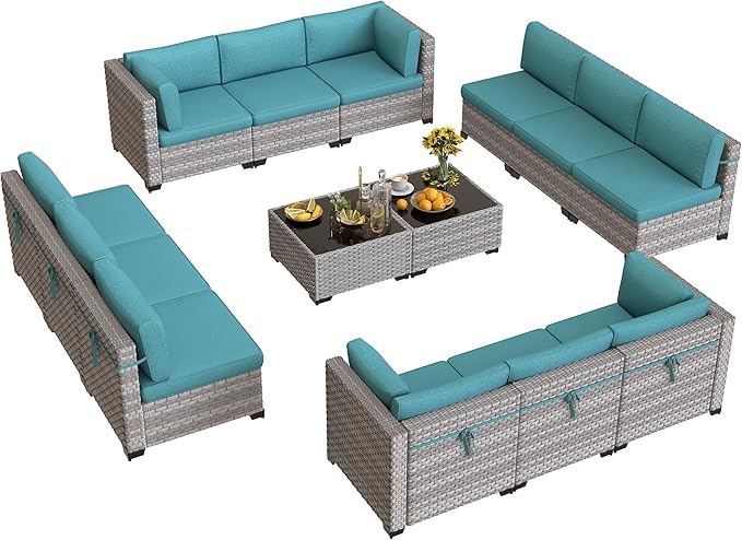 12-Seat Modular Patio Furniture Set – Outdoor Wicker Sectional Sofa with Thick 4″ Cushions, Dual-Strand PE Rattan, Rust-Resistant 18 mm Steel Frame, Backyard Garden Deck Lounge,Blue