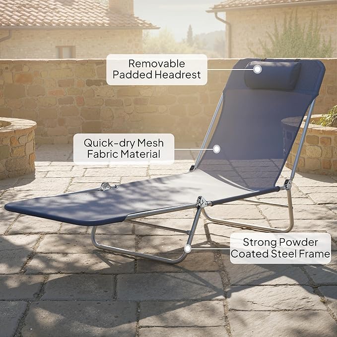 Outsunny Folding Chaise Lounge Chair, Pool Sun Tanning Chair, Outdoor Lounge Chair with Reclining Back, Breathable Mesh Seat, Headrest for Beach, Yard, Patio, Dark Blue