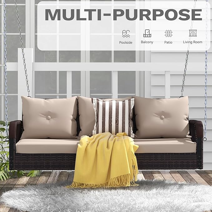 DWVO 3 Seats Porch Swing Hanging Bench Swing Outdoor Wicker Patio Swing Lounge Front Rattan 794lbs for Garden, Balcony, Brown&Beige