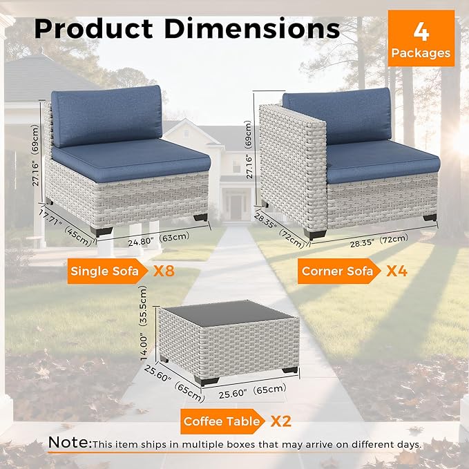 12-Seat Modular Patio Furniture Set – Outdoor Wicker Sectional Sofa with Thick 4″ Cushions, Dual-Strand PE Rattan, Rust-Resistant 18 mm Steel Frame, Backyard Garden Deck Lounge,Navy