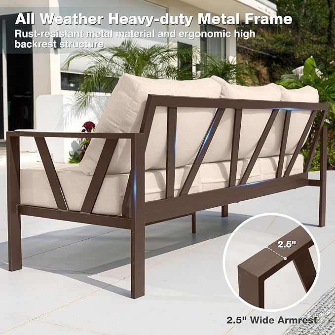 Outdoor Patio Furniture Set, 4 Pieces Metal Patio Furniture Set with Coffee Table, Modern Outdoor Patio Conversation Seating Set with 6” Thick Cushions, Upgrade Beige