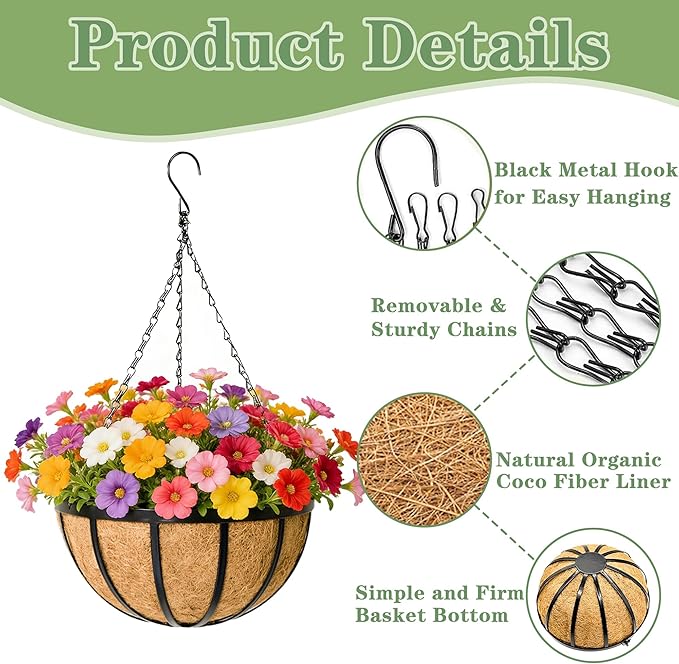 Black Flat Iron Metal Hanging Planter Basket with Coco Coir Liner(4 Pack, 16 Inch) Hanging Planters for Outdoor Plants Round Plant Flower Pots Hanging Flower Basket for Outdoor Patio Garden Decoration