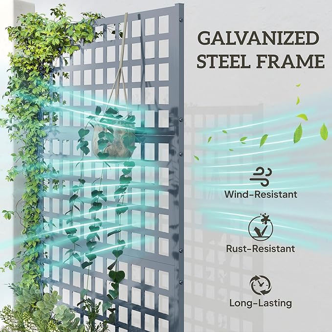 Outsunny Galvanized Raised Garden Bed with Trellis, Metal Planter Box with Drainage Holes, Outdoor Privacy Screen for Climbing Plants, Vegetable, Vines, 43" x 16" x 70", Gray Wood Effect