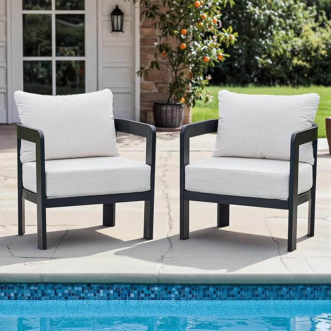 Outdoor Furniture Set, 2Pcs Patio Armchairs, Metal Modern Outside Furniture with 6'' Thick Cushions, Outdoor Conversation Set Balcony Chairs for Backyard, Porch,Deck, White