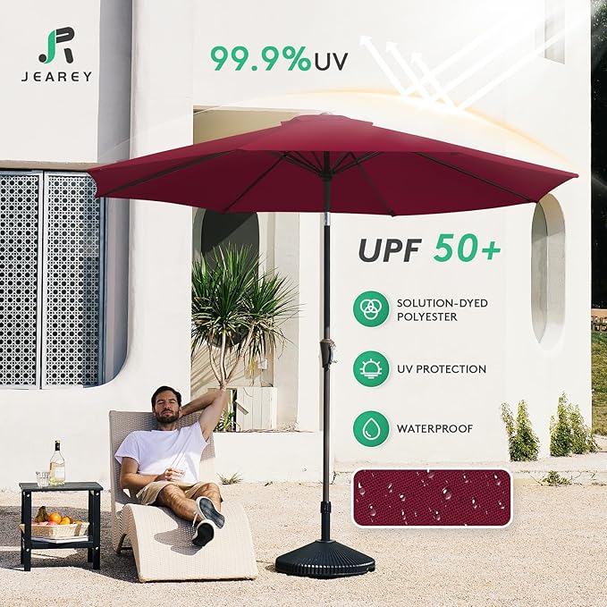 JEAREY 9FT Outdoor Patio Umbrella Outdoor Table Umbrella with Push Button Tilt and Crank, Market Umbrella 8 Sturdy Ribs UV Protection Waterproof for Garden, Deck, Backyard, Pool (Brick Red)