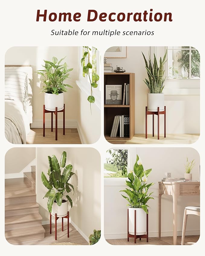 Adjustable Plant Stand Indoor, Bamboo Plant Stand Fits 8 9 10 11 12 Inches, Small Corner Planter Holder for Indoor Plants, Single Floor Plant Stands for Living Room Balcony, Reddish Brown Tall