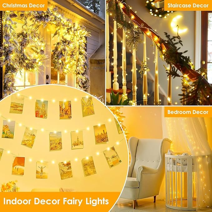 4Pack 240LED Christmas Fairy Lights Battery Operated with Remote, Waterproof String Lights with Timer for Indoor & Outdoor, Twinkle Lights Battery Power for Bedroom Christmas Decorations(Warm White)