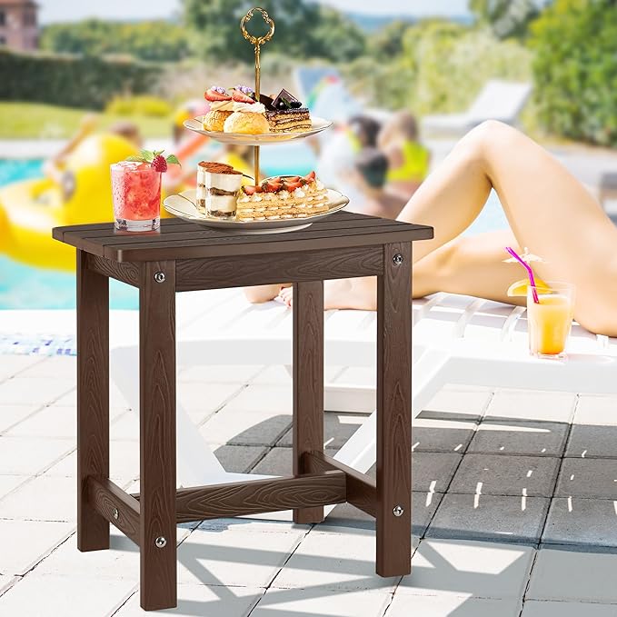 Y&M Outdoor Side Table, HIPS Adirondack Small Single Table, Waterproof Square Outside Table, Balcony Modern End Tables for Patio, Pool, Beach, Porch, Deck, Indoor or Outdoor Use (Coffee, 2 Pack)