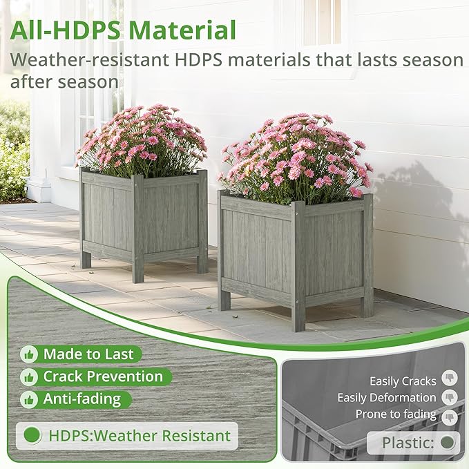 LUE BONA Outdoor Plant Pots, 13.7" x 12.5" x 14.5" HDPS Flower Pots with Drainage Holes, Outdoor Planters Boxes for Outdoor Plants - Porch Patio, Garden or Entryway, Light Gray-Oil Printed