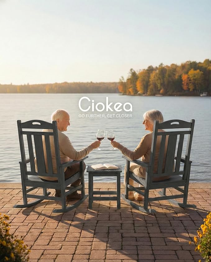 Ciokea Oversized Outdoor Rocking Chairs Set of 2, 380lbs Heavy-Duty Large Patio Rocker, High Back Cozy Porch Chairs, Weather Resistant Patio Rocking Chairs for Outside, Fire Pit, Deck, Dark Grey