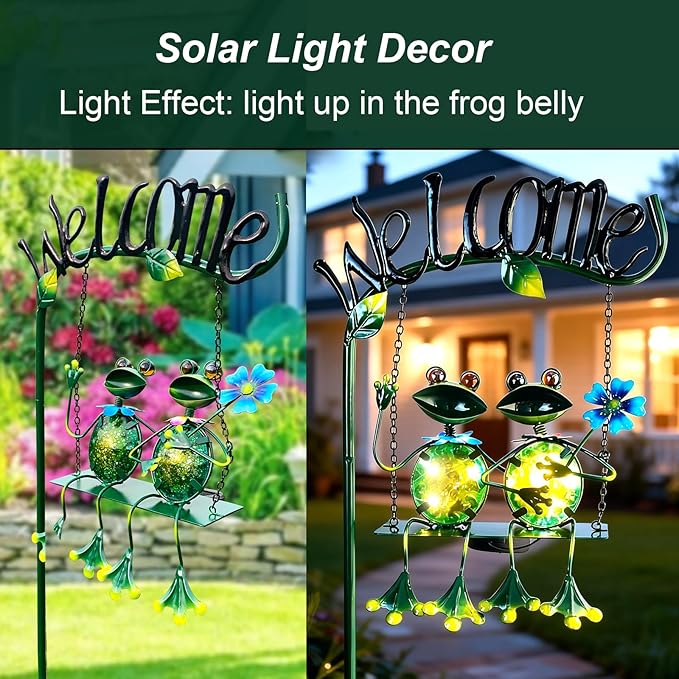 HONGLAND Solar Lights Outdoor Waterproof, Frog Swing Garden Decor, Frog Decorative Stake with Welcome Sign Landscape Patio Yard Gifts for Women Mom (48 inch)