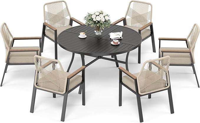 7 Pieces Patio Dining Set, 6 x Woven Rattan Chairs with Waterproof Cushion, 54” Metal Round Dining Table with Umbrella Hole, Outdoor Table and Chairs Set for Backyard Lawn and Deck