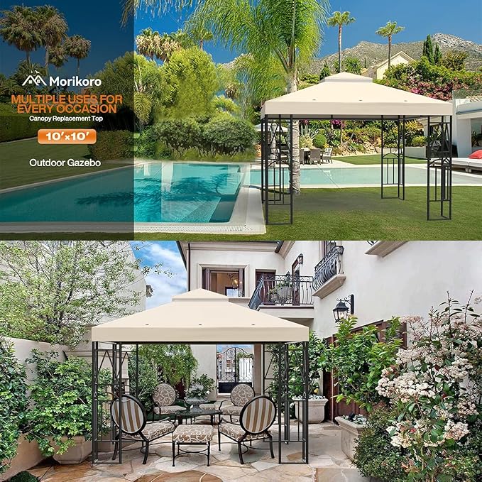 10x10 Canopy Replacement Top Double Tiered Gazebo Cover for Yard, Patio & Garden Durable Sunshade Replacement (Beige)