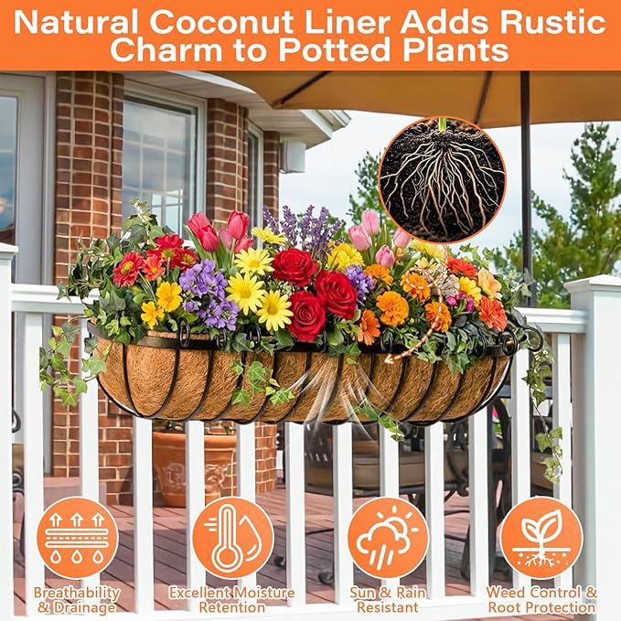 Legigo 2PCS 36 Inch Natural Trough Coco Coir Liners Planters Replacement, Pre-Formed Window Basket Coconut Coir Fiber Liner for Garden Window Flower Box Pots, Fence Trough Planter, Wall Planter Basket