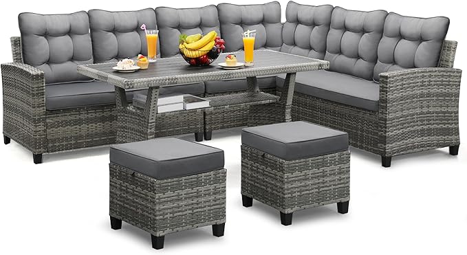 6-Piece Patio Furniture Set, Outdoor Sectional Sofa with Dining Table & Chairs, All-Weather Dining Set with Removable Cushion Covers, Ideal for Garden, Porch, Backyard, Grey