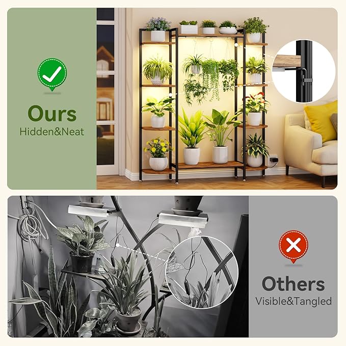 C1 Plant Stand Indoor with 6 Grow Lights, 6 Tiered Large Metal Plant Stand, 55 Inches Tall Plant Shelf with Hooks, Plant Holder Display Shelves for Patio, Garden, Living Room, Balcony