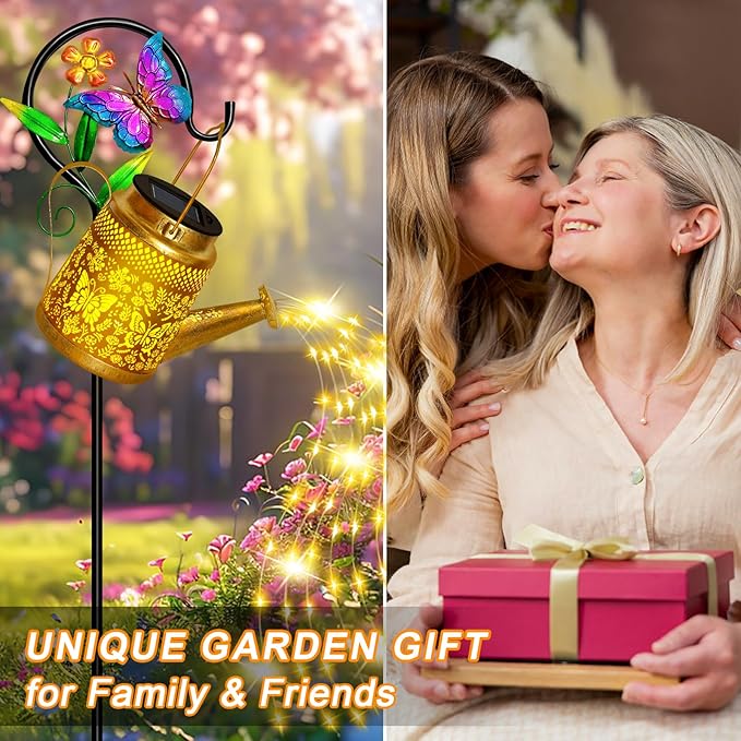 Solar Watering Can Lights Outdoor Garden Decor, Large Butterfly Hanging Lantern with Shepherd Hook, Waterproof Garden Lights for Outdoor Landscape Pathway Yard, Gift for Mom Grandma Christmas Gifts