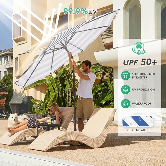 JEAREY 9FT Outdoor Patio Umbrella with Solar Lights, LED Lighted Pool Umbrella with Tilt and Crank, Outdoor Table Umbrellas for Deck, Yard & Market (Blue White Striped)