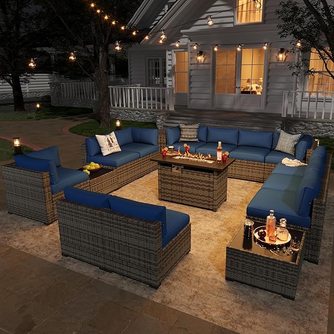 Aoxun Patio Furniture Sets, 15-Piece Outdoor Patio Furniture with 44'' Propane Gas Firepit Table, Wicker Outdoor Conversation Set Sectional Sofa for Backyard, Poolside, Garden