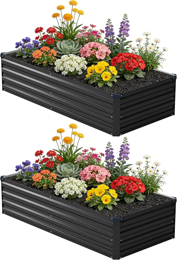 6x1.5x1 ft(2 Pack) Galvanized Raised Garden Bed,Outdoor Planter Box Metal Patio Kit Planting Bed for Vegetables Flowers and Succulents,Black