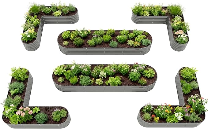 A ANLEOLIFE Set of 6, 18 Inch Tall Quartz Grey Raised Garden Beds Kit, Heart-Shaped & Long Oval Planters for Creative Garden Layouts.