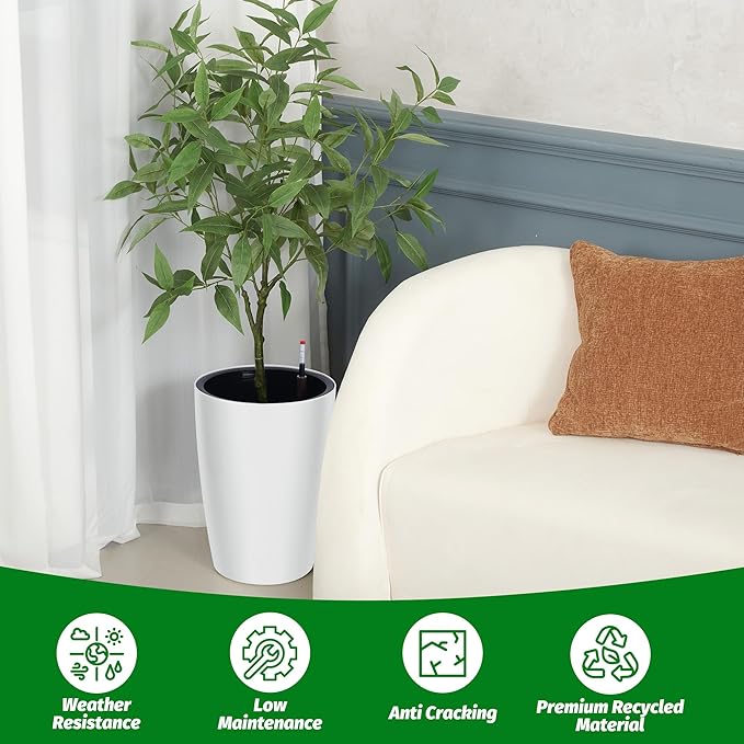 16 in Tall Planters Set of 2, Plant Pots, Self Watering Pots for Indoor Plants, Flower Pots with Built-in Drainage and Visual Water Level Design, for Patio, Porch, Living Room, or Home Office, White