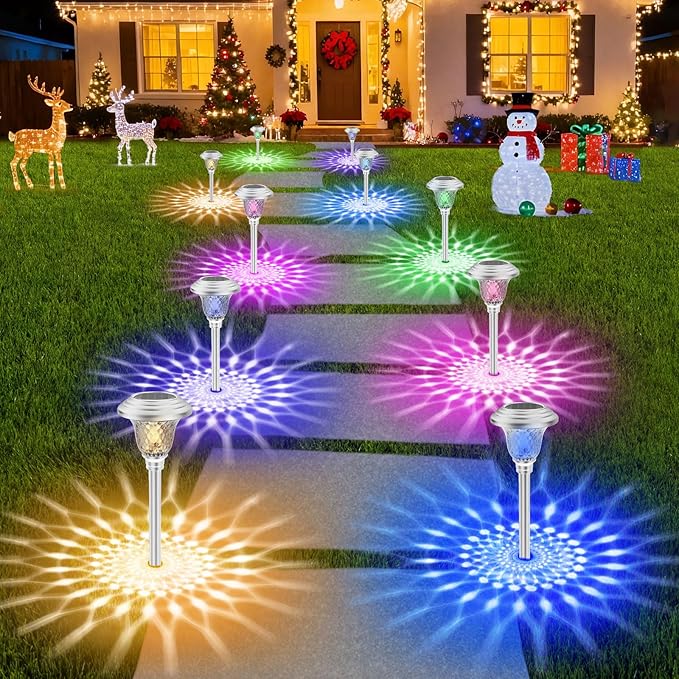 BEAU JARDIN 8 Pack Solar Pathway Lights White+ Color Changing Stainless Steel 3 Mode Outdoor Multicolor Metal Solar Powered Waterproof Glass for Garden Landscape Path Yard Walkway Driveway Silver