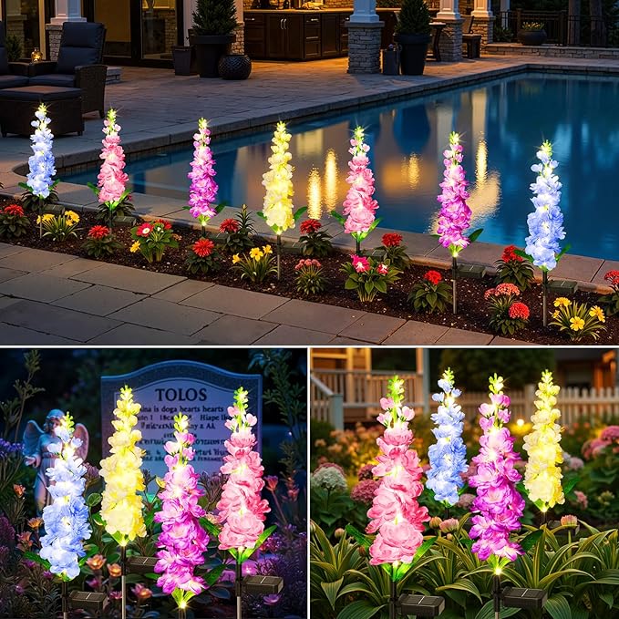 KOOPER Solar Lights Outdoor Garden Decor, 8 Pack Upgraded Delphinium Solar Garden Lights with 72 LEDs, Vivid Flowers Outdoor Waterproof for Landscape Patio Yard Decor