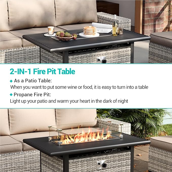 13-Piece Outdoor Patio Furniture Set with 55,000 BTU Fire Pit Table, PE Wicker Rattan Sectional Sofa Patio Conversation Set with Thickened Cushions & Coffee Table, Beige