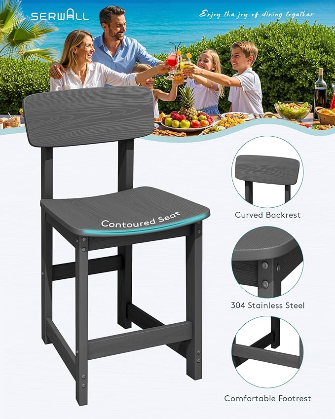 SERWALL Outdoor Bar Stools Set of 2, All Weather HDPE 25" Counter Height Bar Stools with Back, Outdoor Armless Barstools for Patio, Garden, Backyard, Balcony, Poolside, Gray