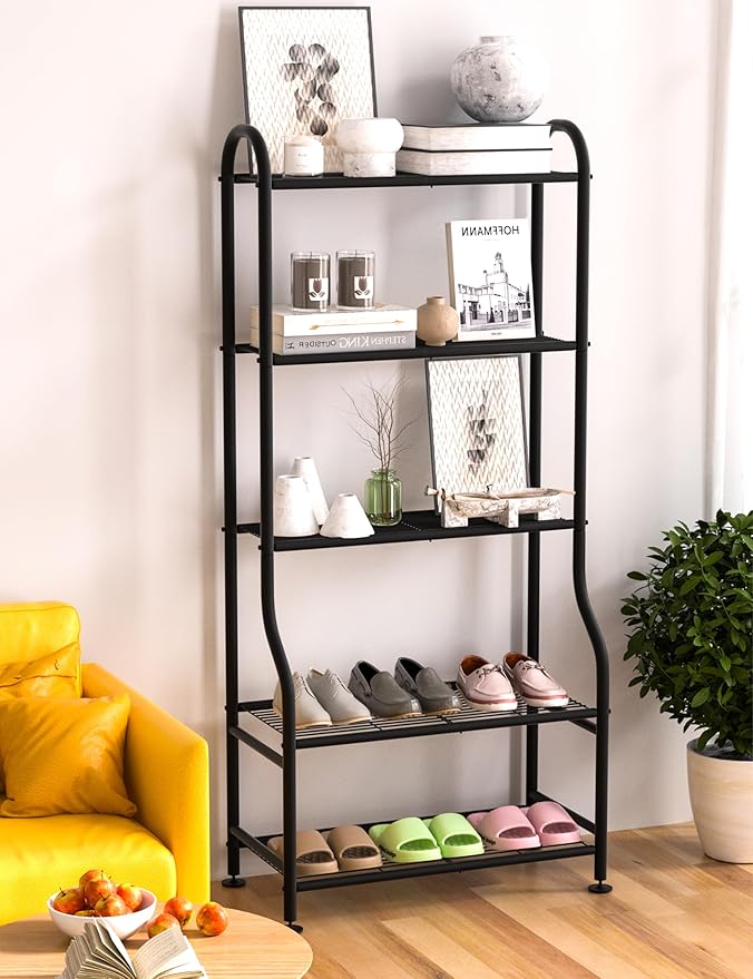5-Tier Metal Plant Stand Indoor Outdoor, Waterproof Flower Stand for Multiple Pots, Heavy Duty Plant Stands for Living Room Patio Garden Decor, Tall Plant Shelf with Leveling Feet, Black