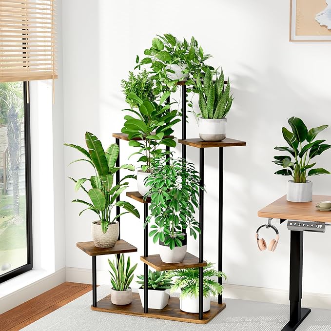 Bamworld Large Plant Stand Indoor 7 Tier Tall Metal Plant Shelf for Multiple Plants Tiered Flower Stand for Patio Garden Balcony Living Room Bedroom Brown