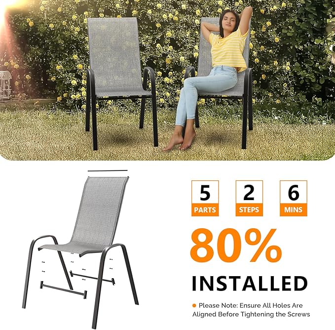 VINGLI Set of 2 Stackable Outdoor Bar Stools – Sling Chairs with High Back & Armrests, for Lawn, Garden, Bar, Grey