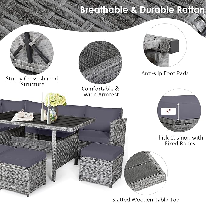 Tangkula 7 Pieces Patio Furniture Set, Outdoor Sectional Rattan Dining Sofa Set with Cushions, All Weather Wicker Conversation Couch Set with Dining Table & Ottomans for Yard Garden Poolside, Grey