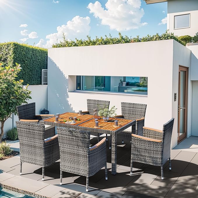 Shintenchi 7 Piece Patio Dining Set, Wicker Patio Conversation Set with Wooden Table Top, Outdoor Table and Chairs with Soft Cushions for Backyard, Deck and Garden, Grey Wicker