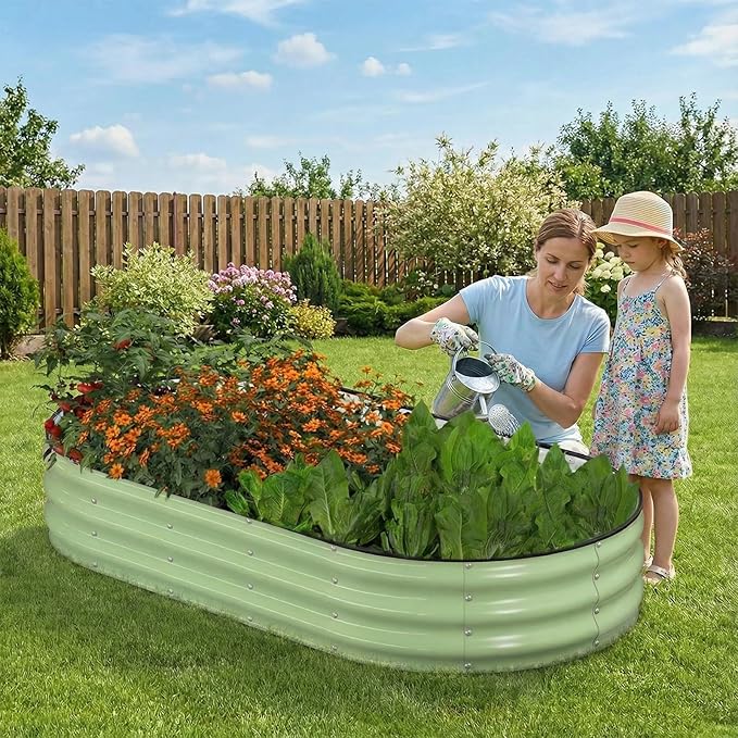 Raised Garden Bed, 6x3x1ft Galvanized Outdoor Planter Beds with Safety Edging and Gloves, Oval Metal Planter Box for Gardening Vegetables Flowers Herb-Green