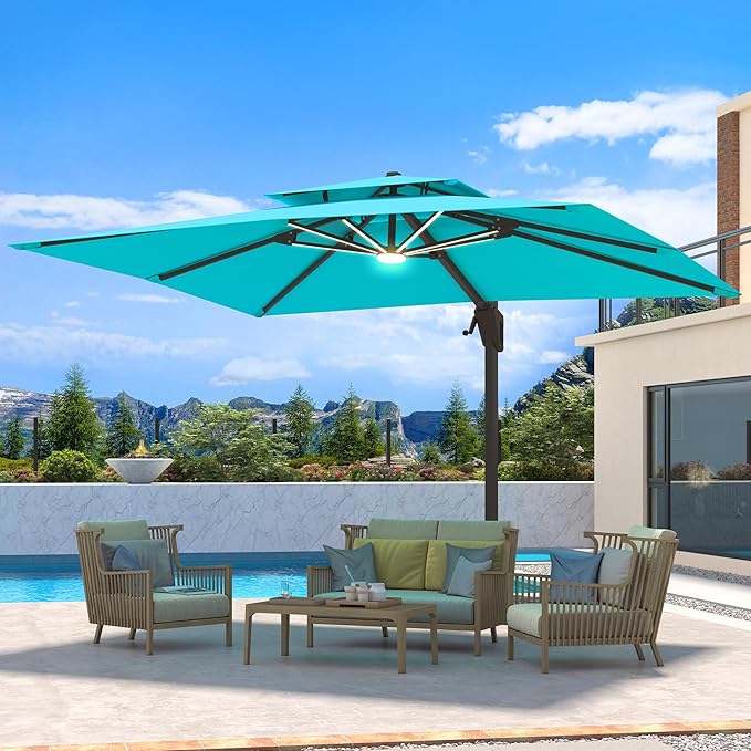 10 X 13 FT Cantilever Patio Umbrella with LED Lights Outdoor Heavy Duty Double Top Windproof Rectangle Offset Umbrellas with 360-degree Rotation for Pool Deck Backyard, Turquoise