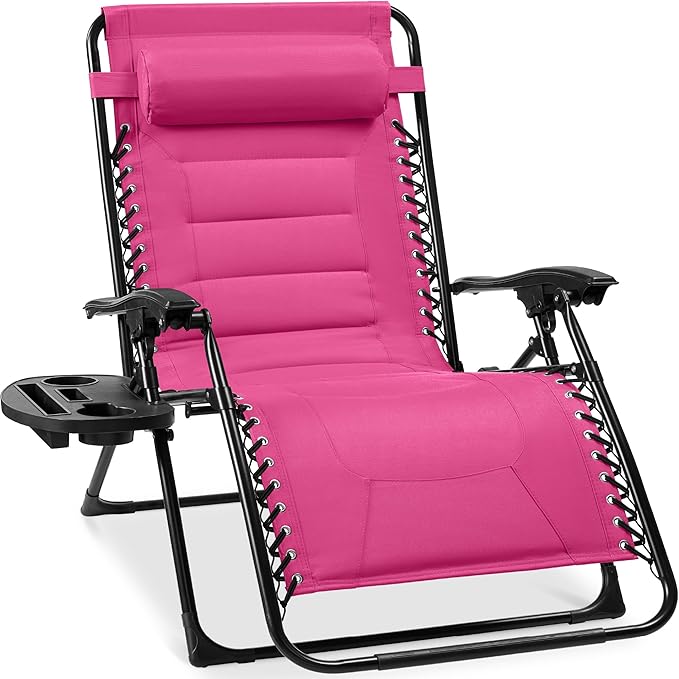 Best Choice Products Oversized Padded Zero Gravity Chair, Folding Outdoor Patio Recliner, XL Anti Gravity Lounger for Backyard w/Headrest, Cup Holder, Side Tray, Polyester Mesh - Hot Pink