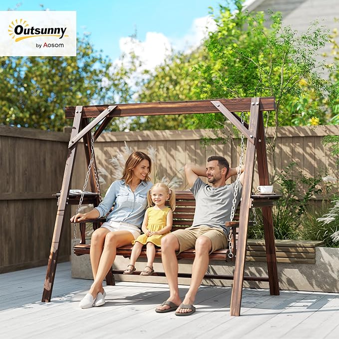 Outsunny 3 Seat Porch Swing with Stand, Wooden Patio Swing Chair with Side Tables and Metal Chains, Outdoor Swing Bench for Garden, Poolside, Backyard, Carbonized Brown