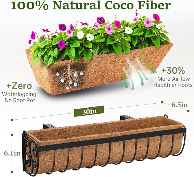 Railing Planter Boxes, 30 Inch Window Boxes Planters, Balcony Planters with Adjustable Brackets & Coco Liner & Support Rod for Outdoor Fence, Deck, Porch, and Patio Gardening, 2 Pack