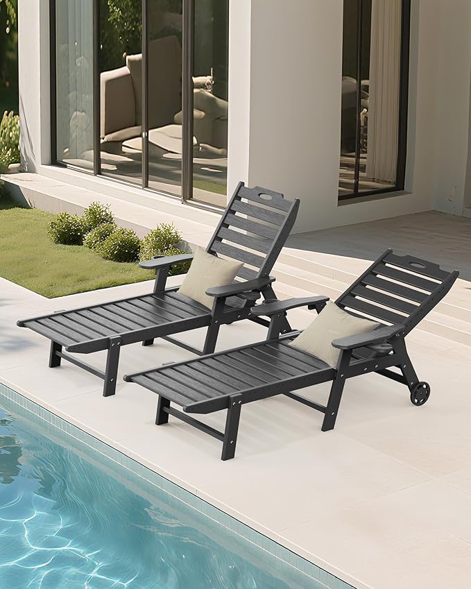 Carauci Lounge Chair Outdoor Set of 2, HDPE Chaise Lounge with Wheels, 5-Position Adjustable Backrest & 2 Cup Holders Patio Lounge Chair, All-Weather Pool Sun Lounger for Poolside, Backyard, Black